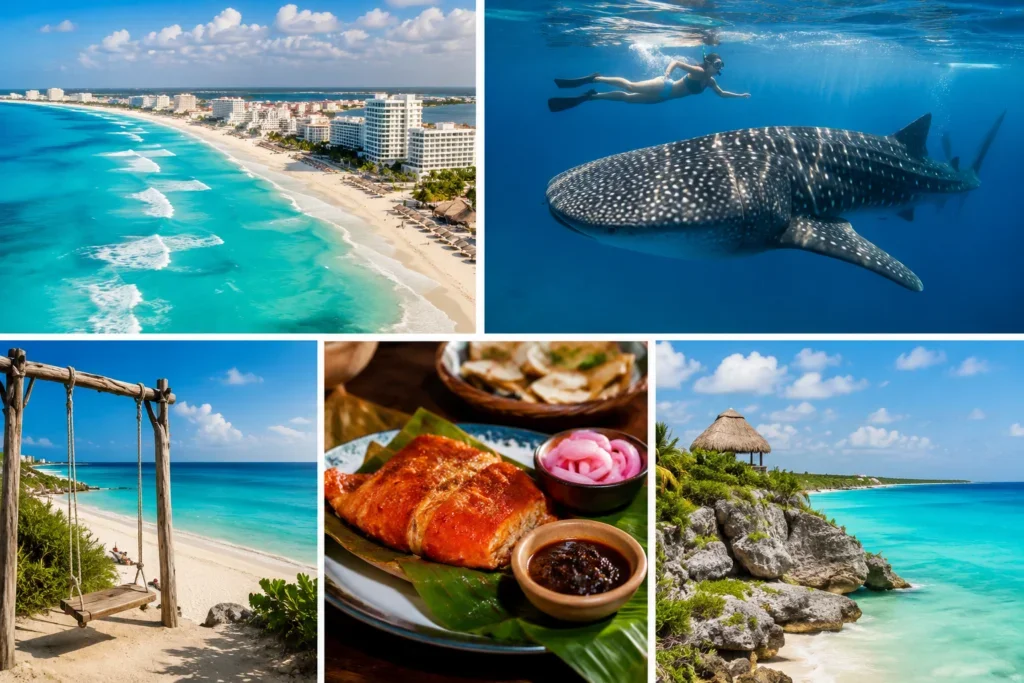 Vista de Cancún con mar color turquesa, playas paradisíacas y oferta turística y gastronómica.