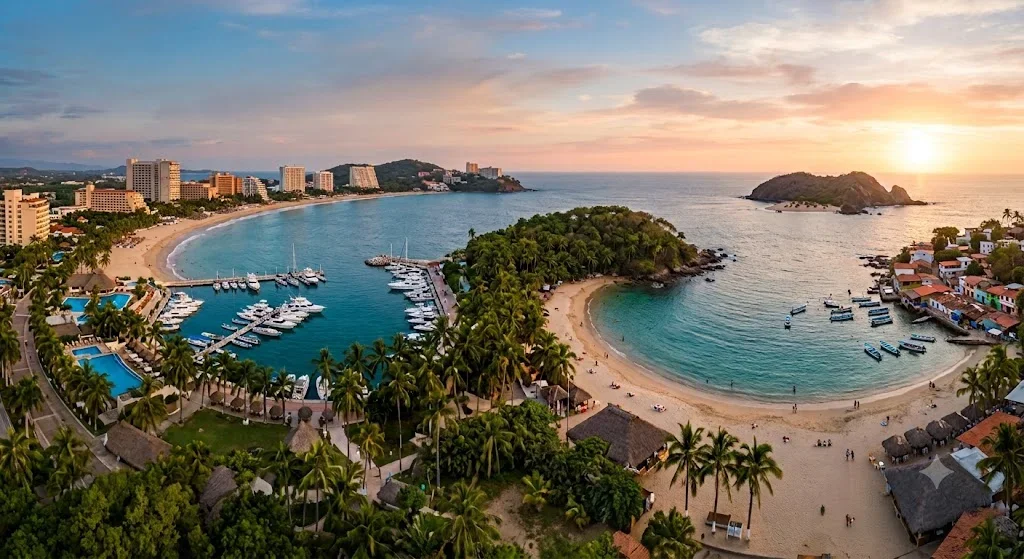 Vista panorámica de Ixtapa-Zihuatanejo, Guerrero, con playas de aguas cristalinas y paisajes ideales para el descanso y la aventura.