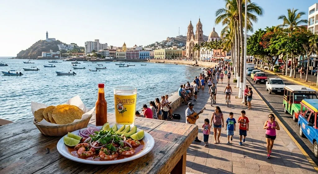 Vista panorámica de Mazatlán, Sinaloa, con su playa, malecón y el encanto de la Perla del Pacífico.