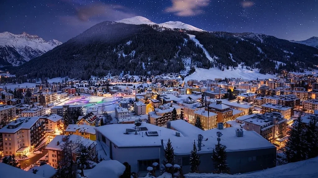 Montañas cubiertas de nieve durante una noche invernal, iluminadas por luces.