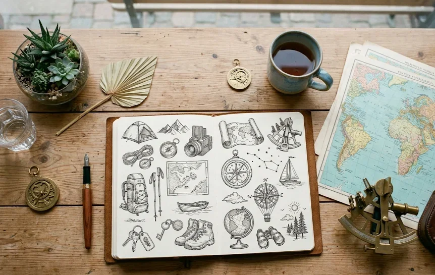 Cuaderno abierto sobre mesa de madera con bocetos de viaje dibujados
