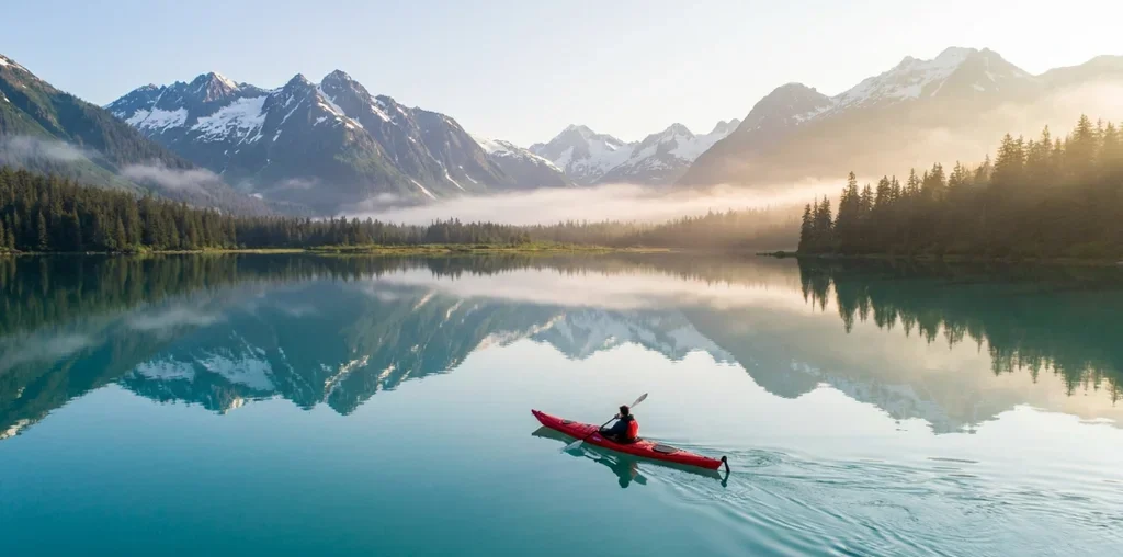 Joven realizando kayak en un hermoso lago rodeado de montañas nevadas en Alaska.