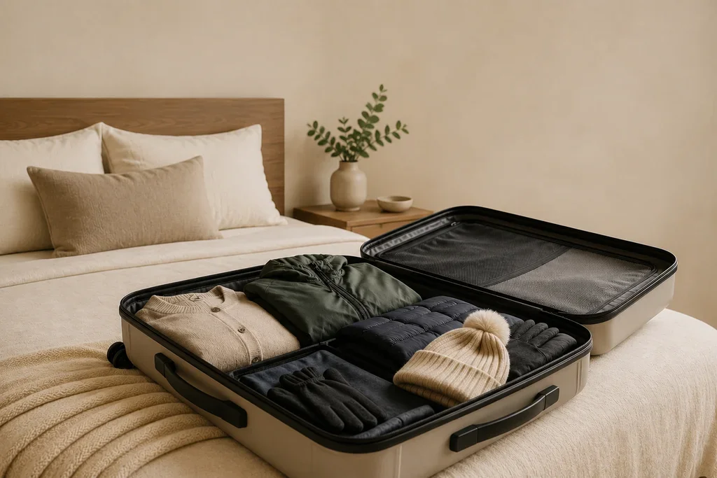 Maleta para viaje a Alaska sobre una cama